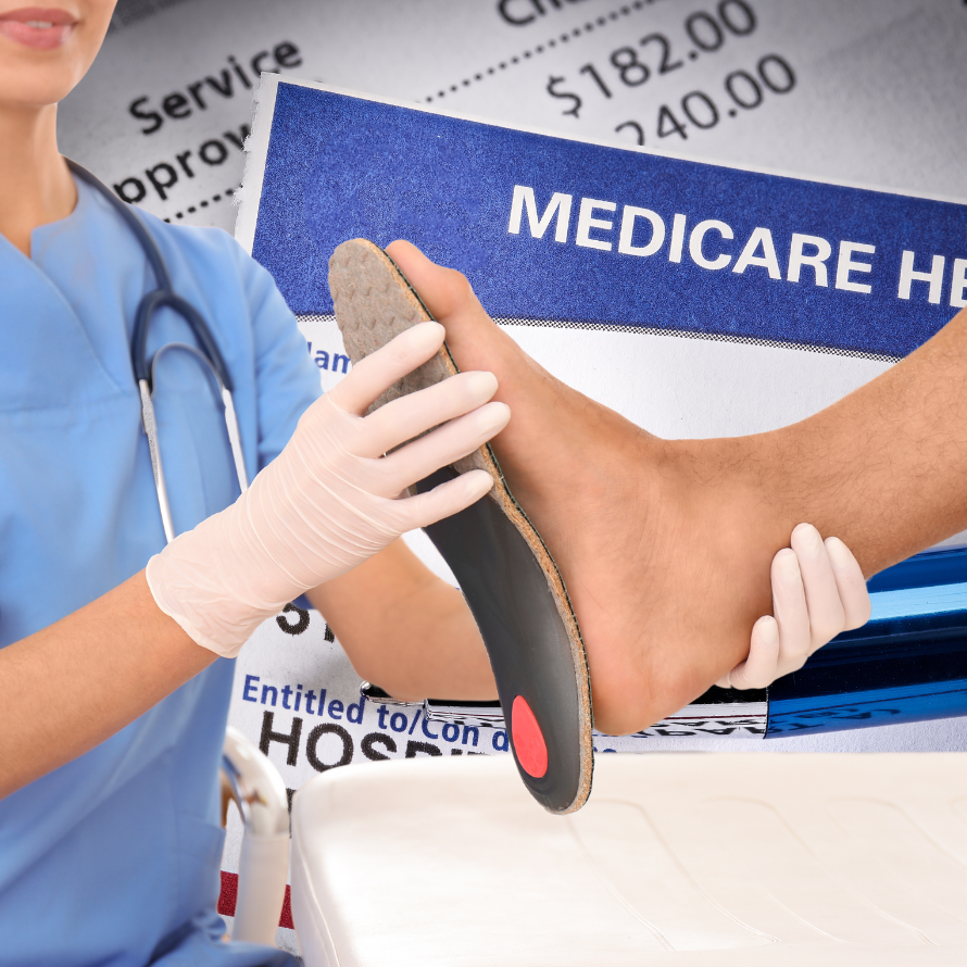 a doctor holding orhotics up to foot to answer the question if orthotics are covered by Medicare