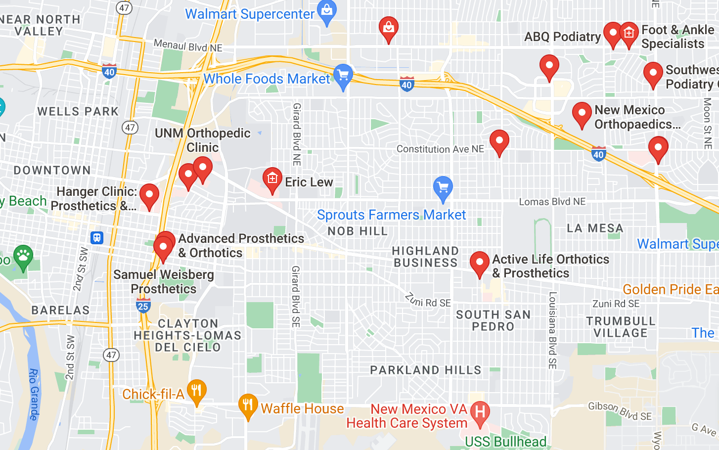 Map of custom orthotics providers in Albuquerque, NM