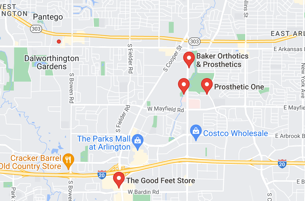 Map of custom orthotics providers in Arlington TX