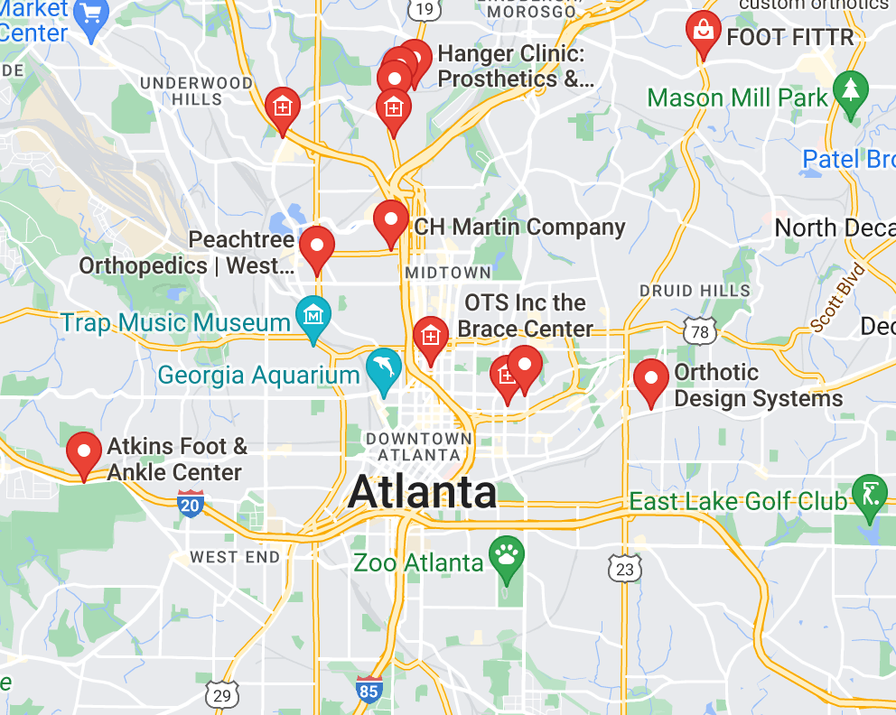 Map of custom orthotics providers in Atlanta, GA