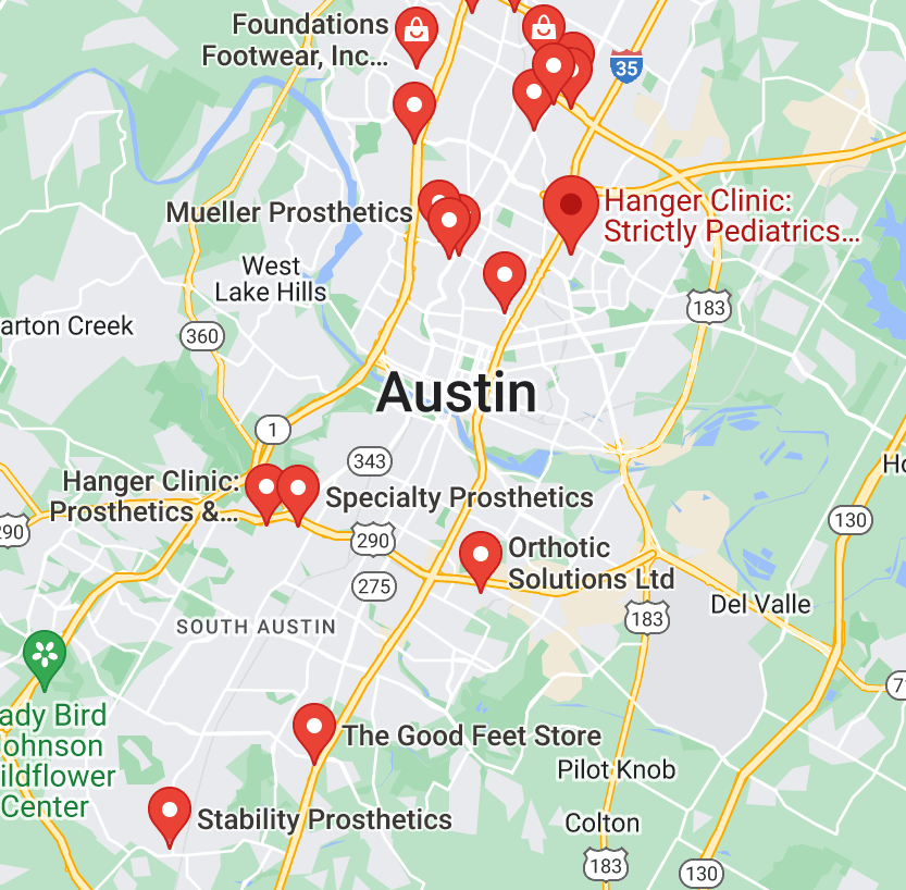 Map of custom orthotics providers in Austin, TX