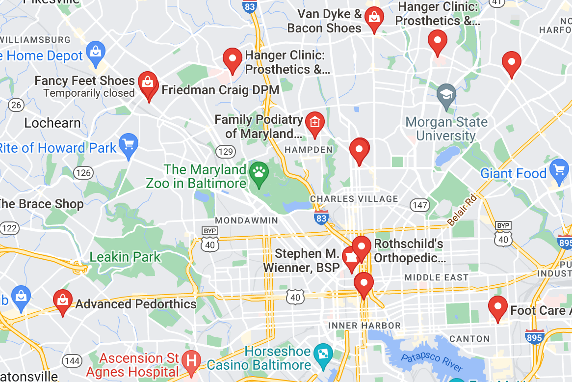 Map of custom orthotics providers in Baltimore, MD