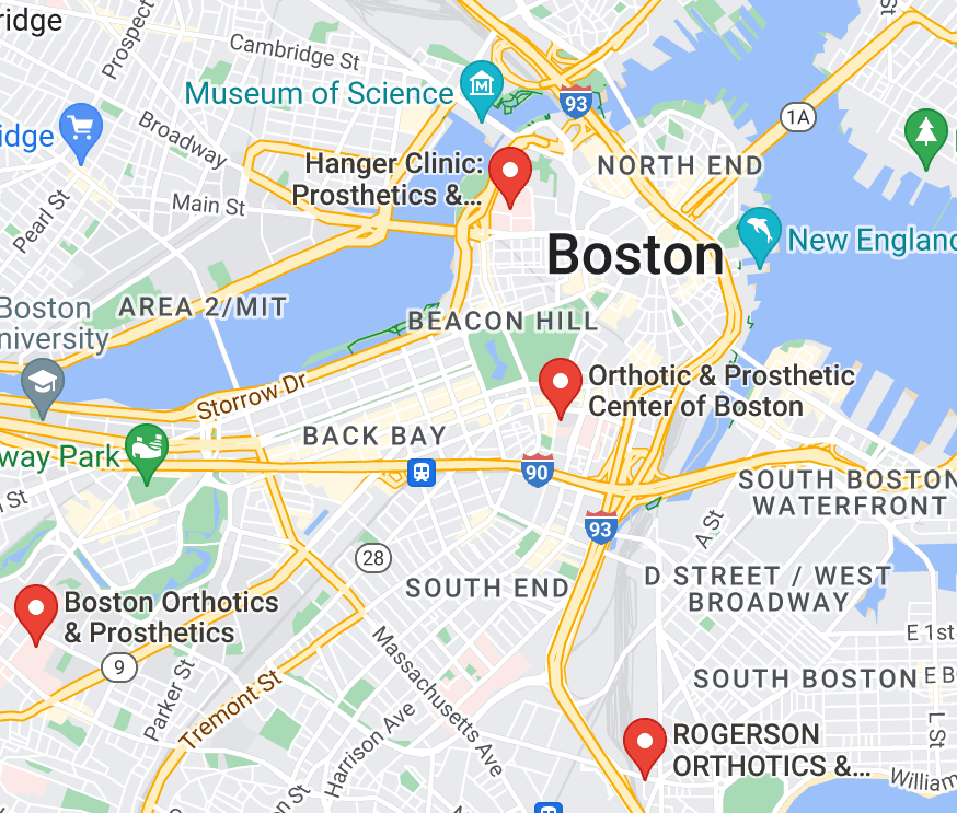 Map of custom orthotics providers in Boston, MA