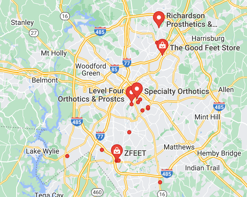 Map of custom orthotics providers in Charlotte, NC