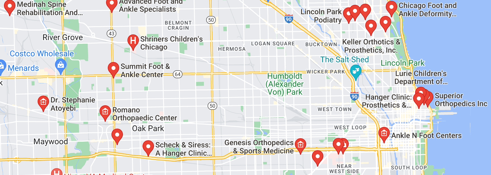 Map of custom orthotics providers in Chicago, IL