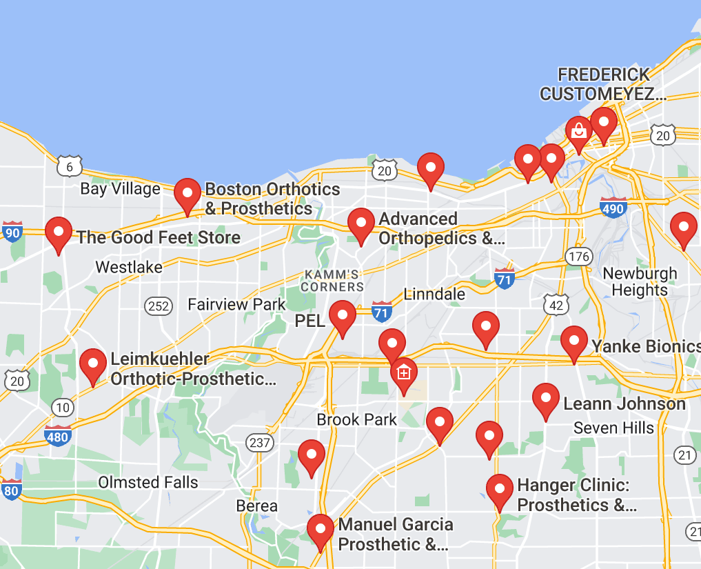 Map of custom orthotics providers in Cleveland, OH