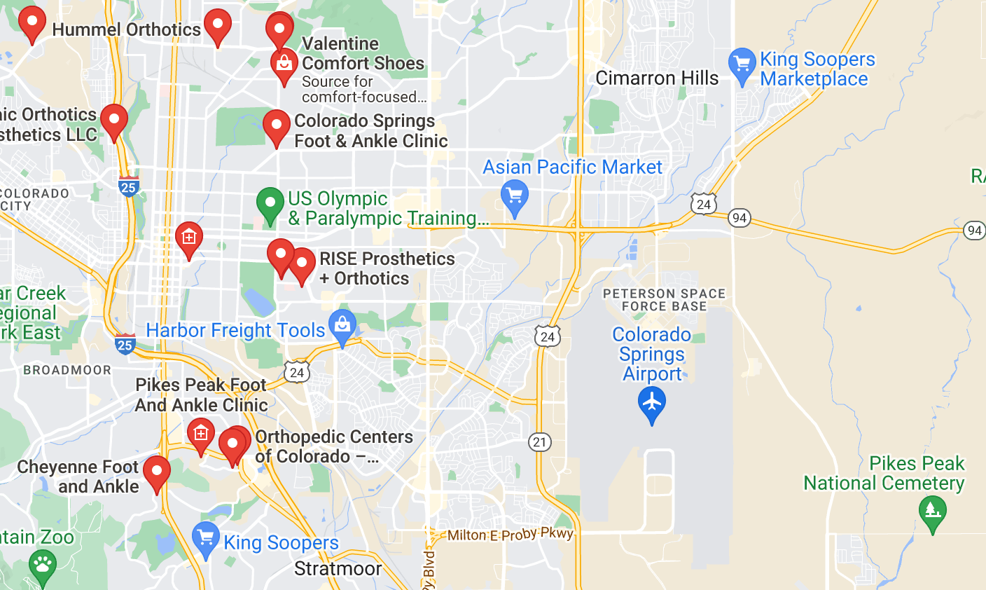 Map of custom orthotics providers in Colorado Springs, CO