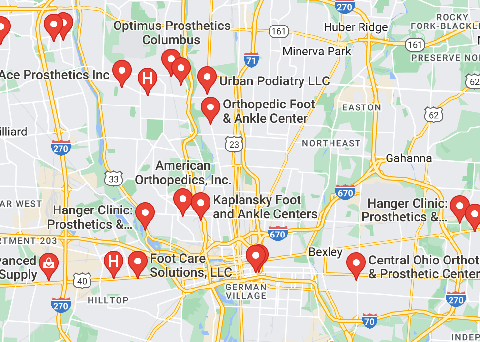 Map of custom orthotics providers in Columbus, OH