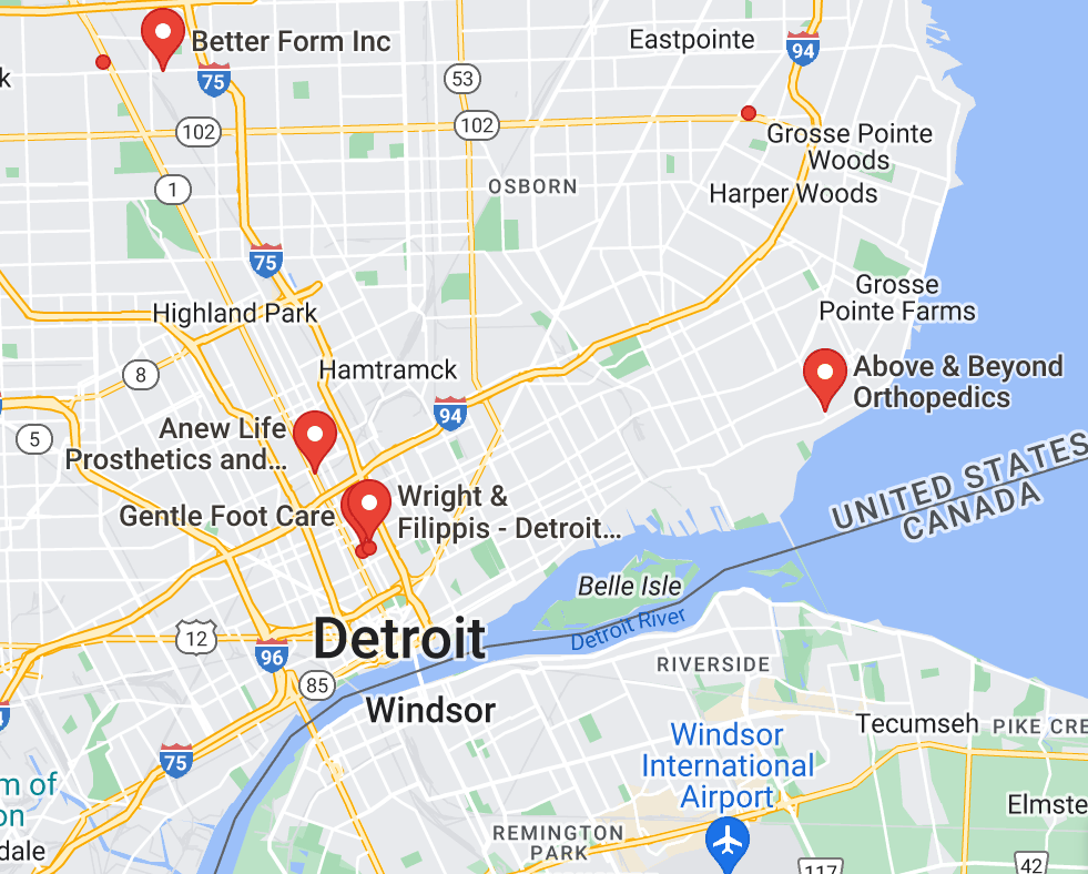 Map of custom orthotics providers in Detroit, MI