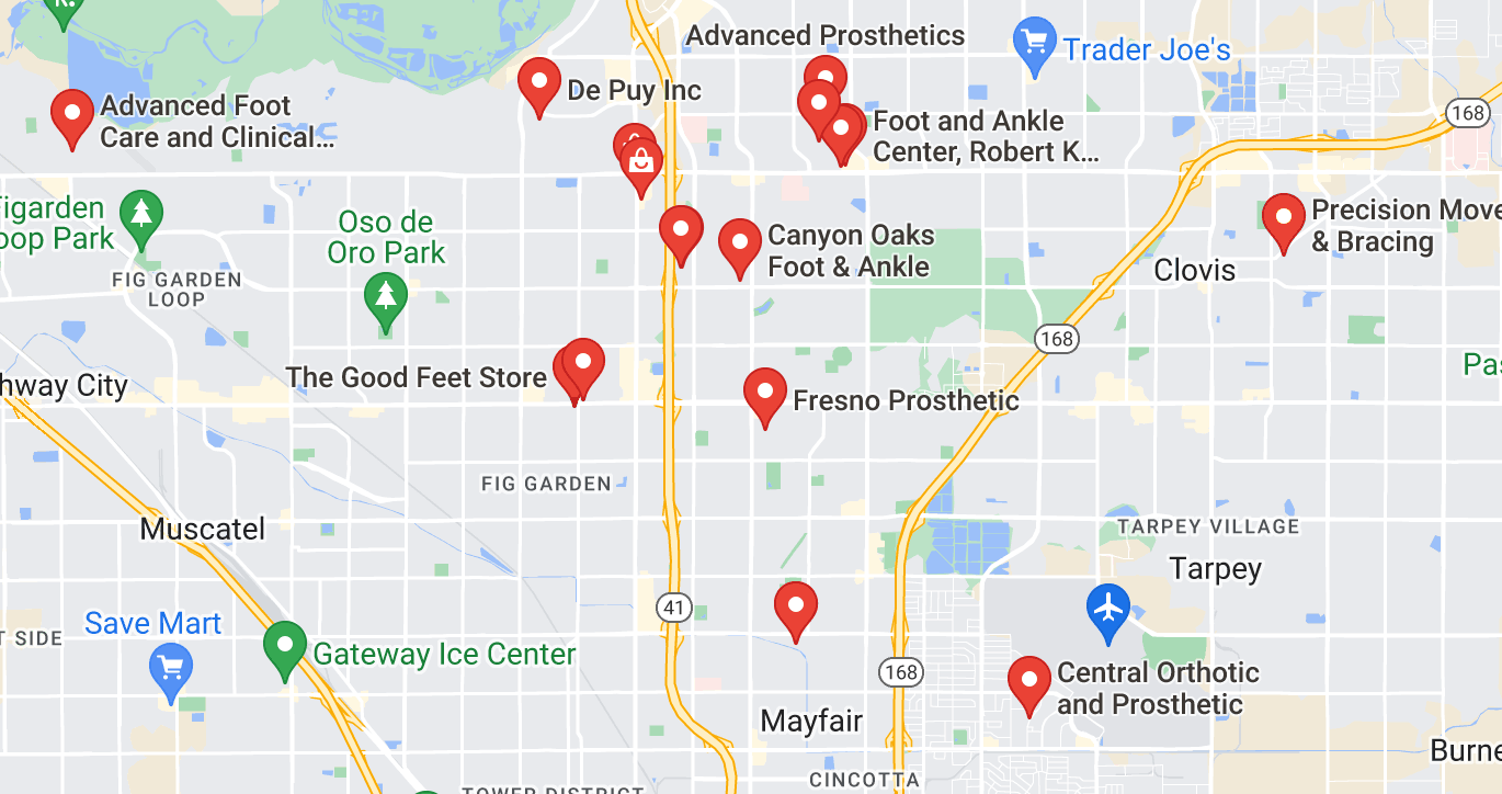 Map of custom orthotics providers in Fresno, CA