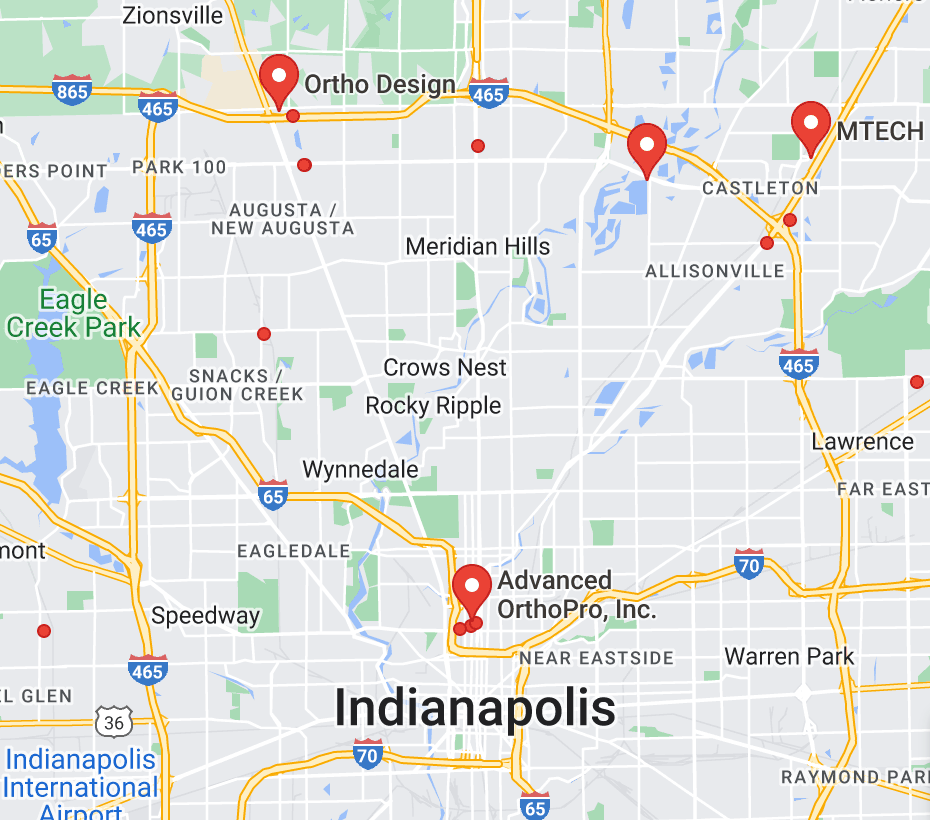 Map of custom orthotics providers in Indianapolis, IN