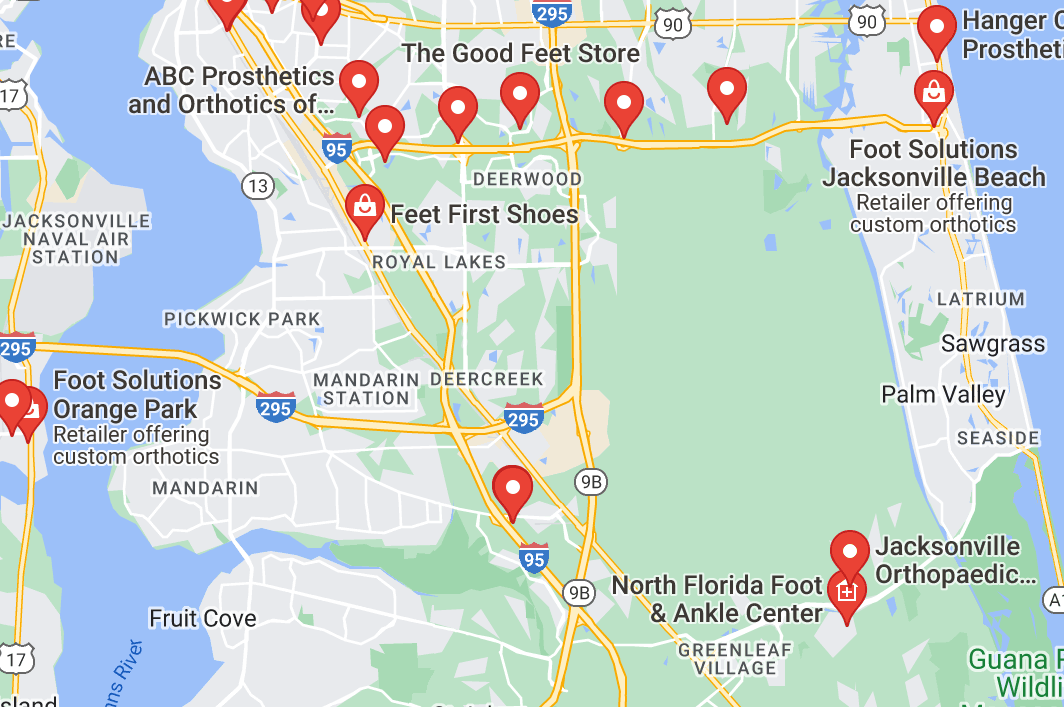 Map of custom orthotics providers in Jacksonville, FL