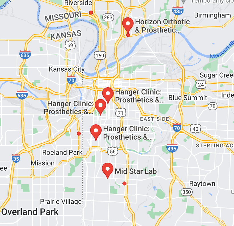 Map of custom orthotics providers in Kansas City, MO