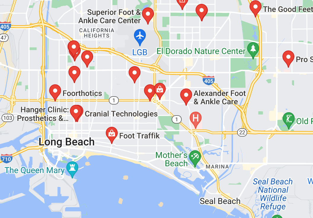 Map of custom orthotics providers in Long Beach, CA