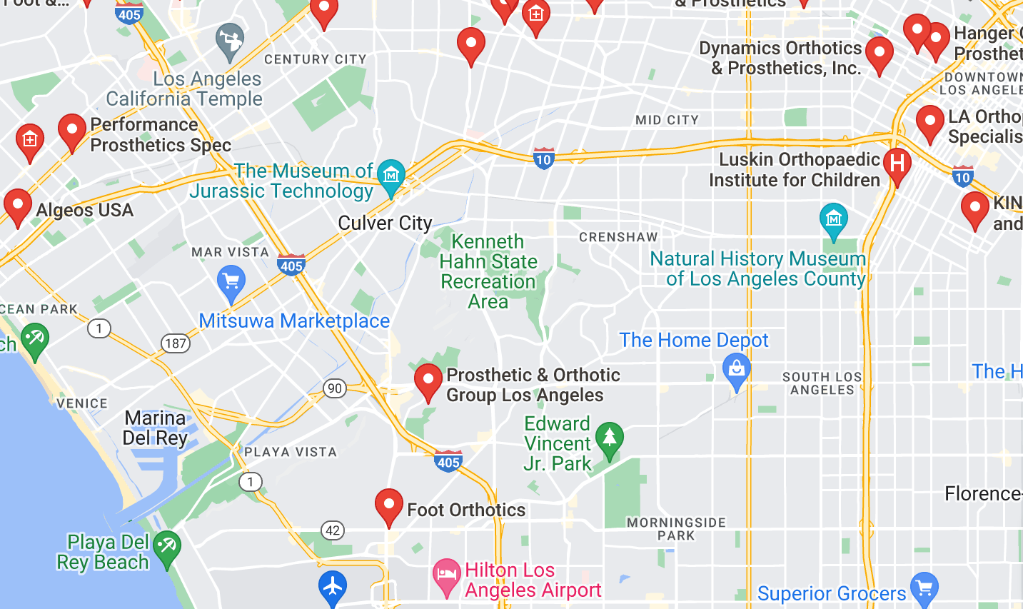 map of custom orthotics in and near Los Angeles California