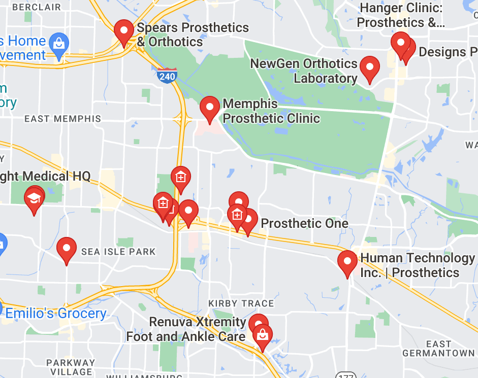 Map of custom orthotics providers in Memphis, TX