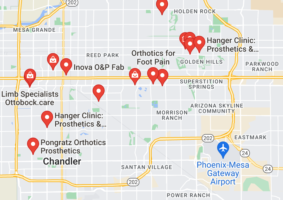 Map of custom orthotics providers in Mesa, AZ