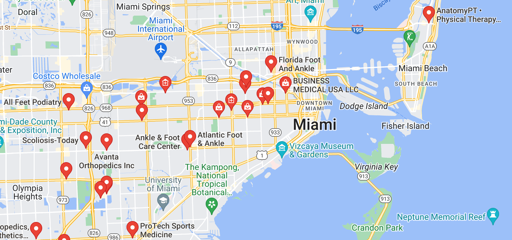 Map of custom orthotics providers in Miami, FL