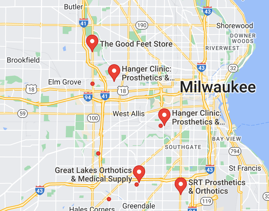 Map of custom orthotics providers in Milwaukee, WI