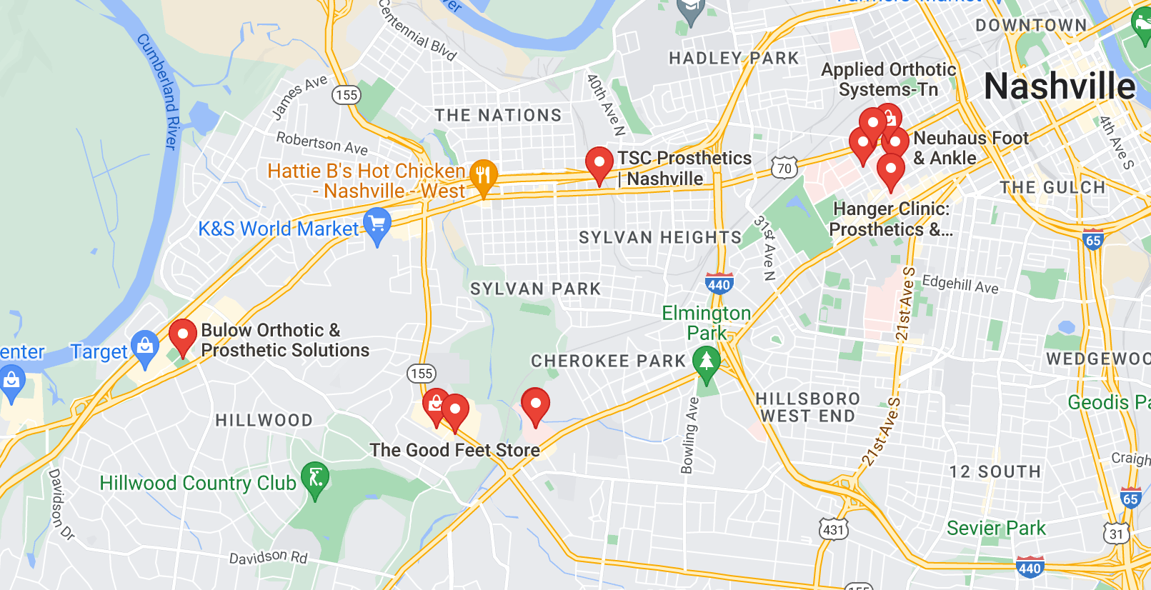 Map of custom orthotics providers in Nashville, TX