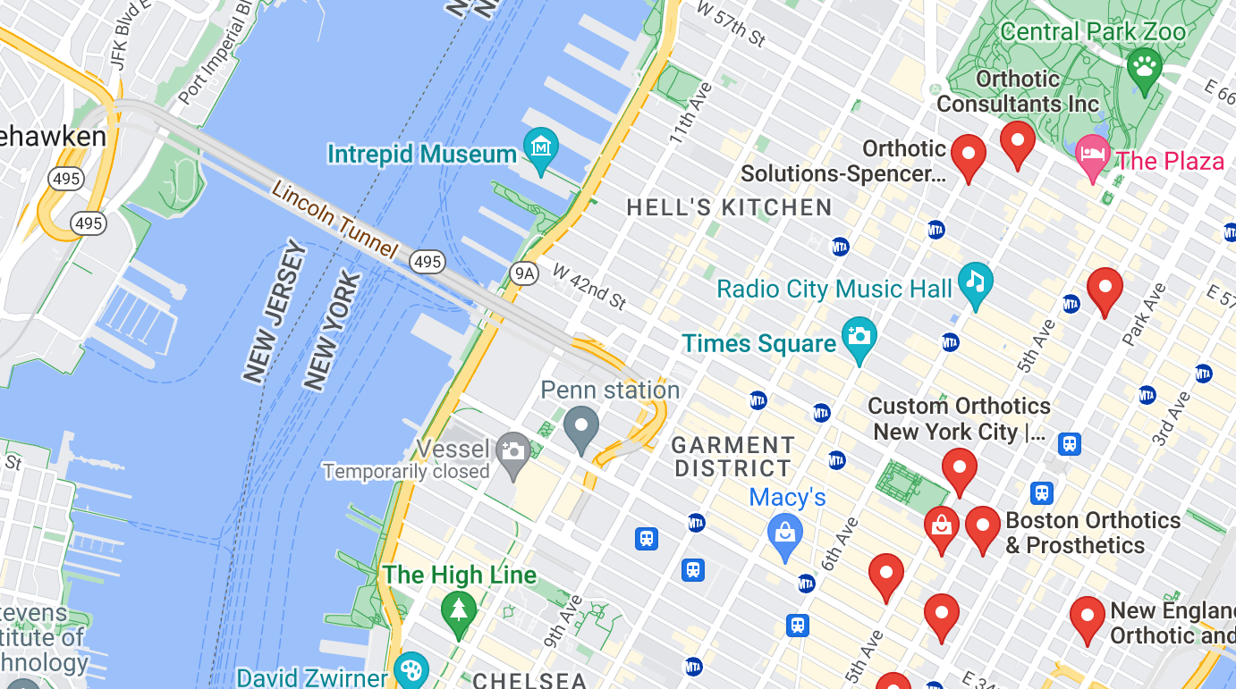 map of custom orthotics in and near new york city, nyc