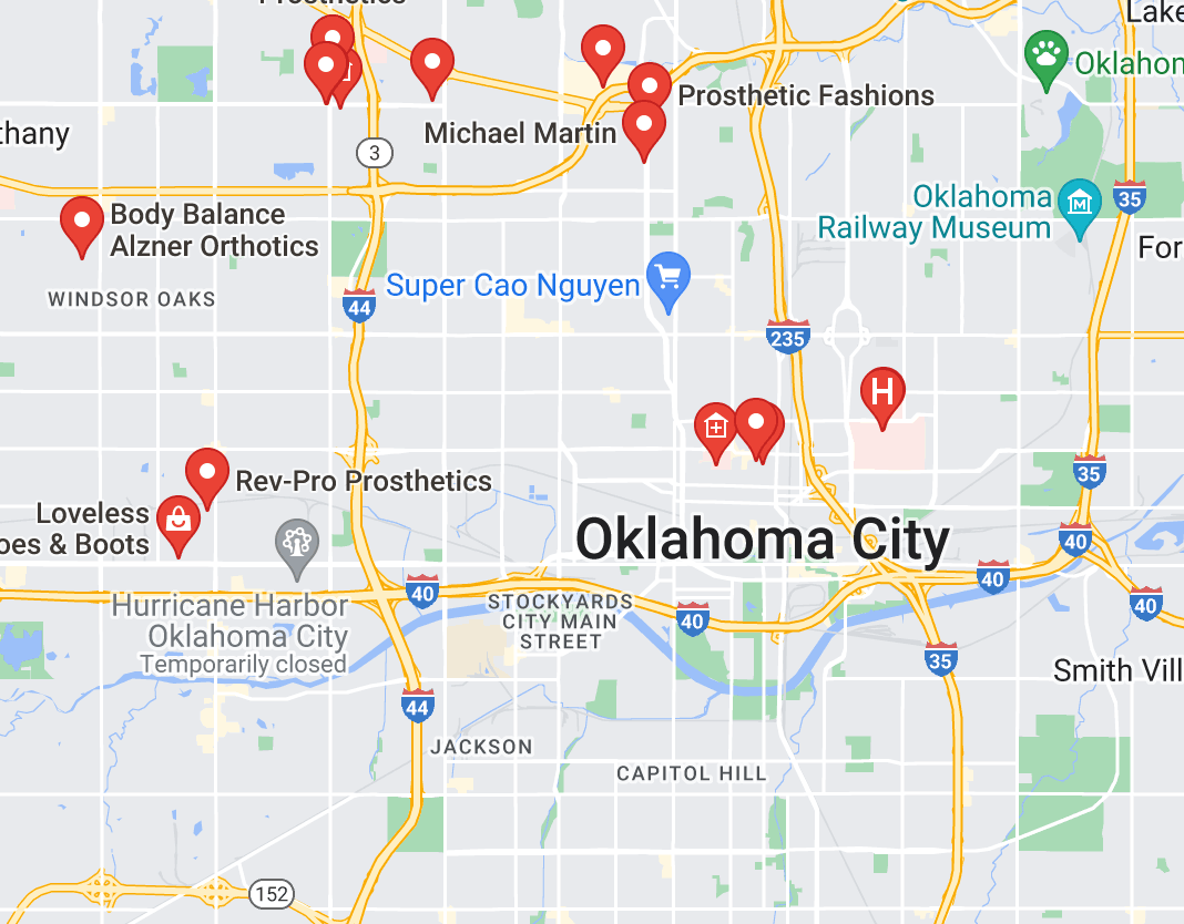 Map of custom orthotics providers in Oklahoma City, OK