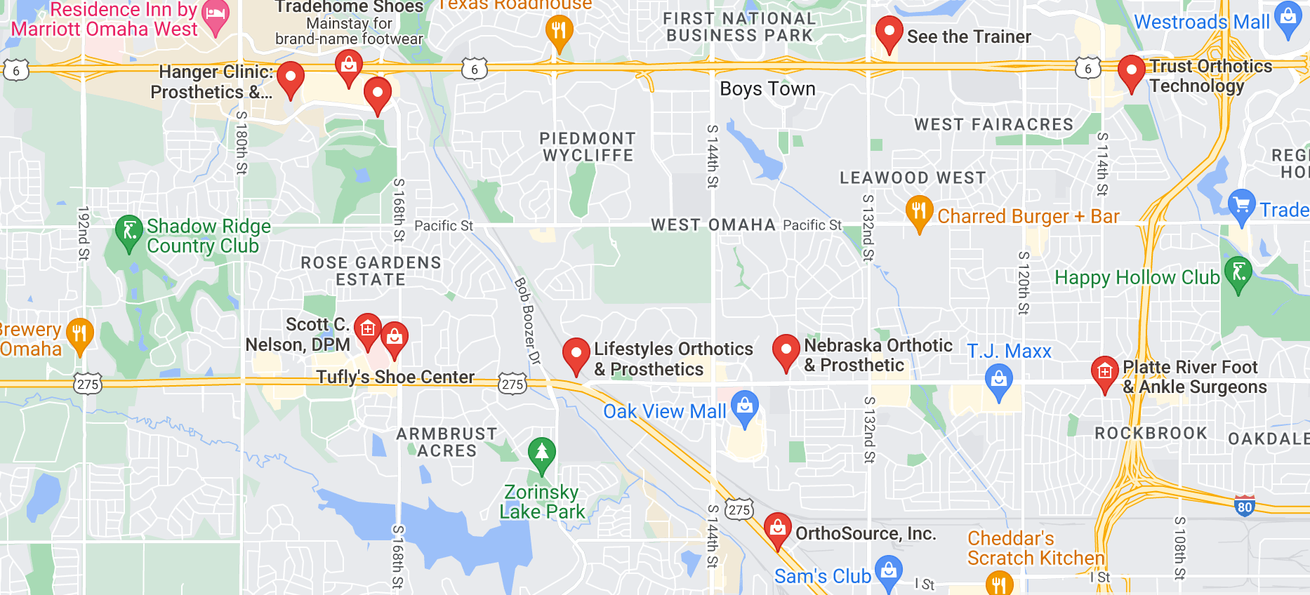 Map of custom orthotics providers in Omaha, NE