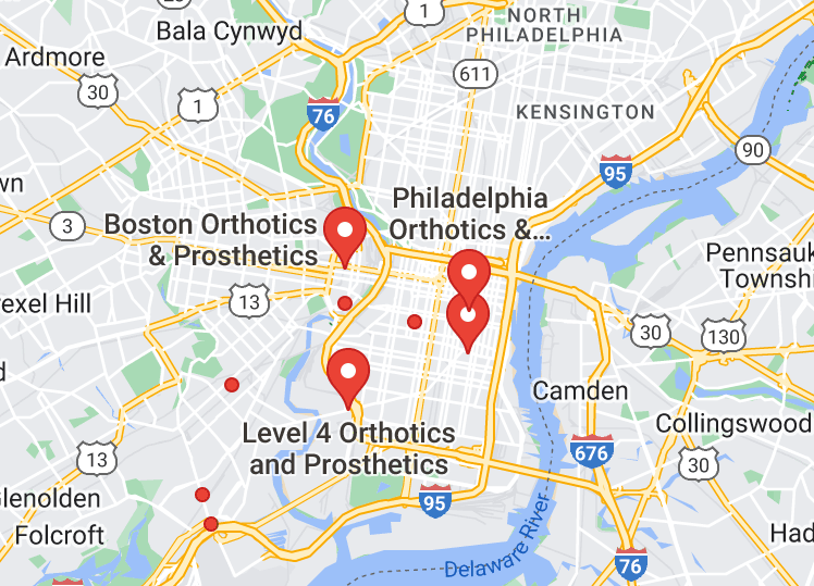 Map of custom orthotics providers in Philadelphia, PA