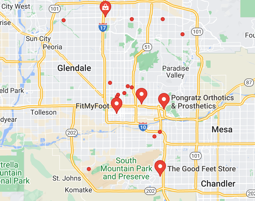 Map of custom orthotics providers in Phoenix, AZ