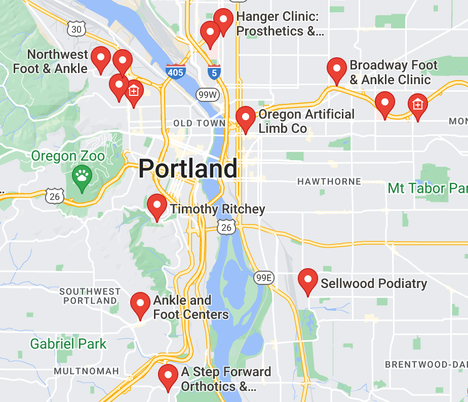 Map of custom orthotics providers in Portland, OR