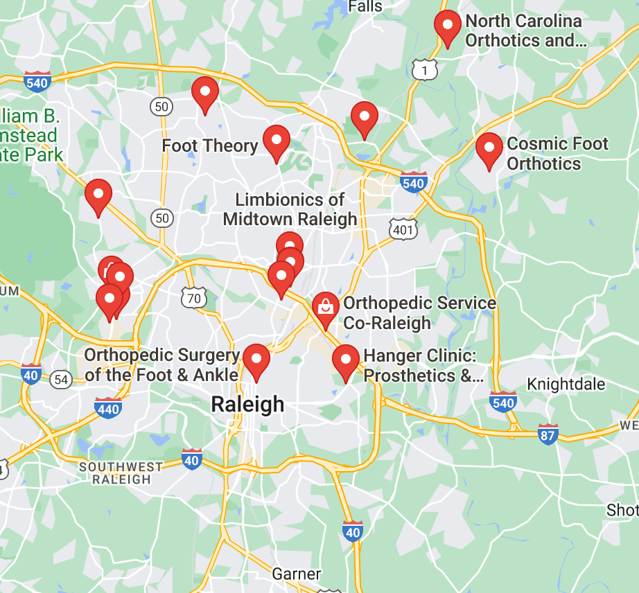 Map of custom orthotics providers in Raleigh, NC