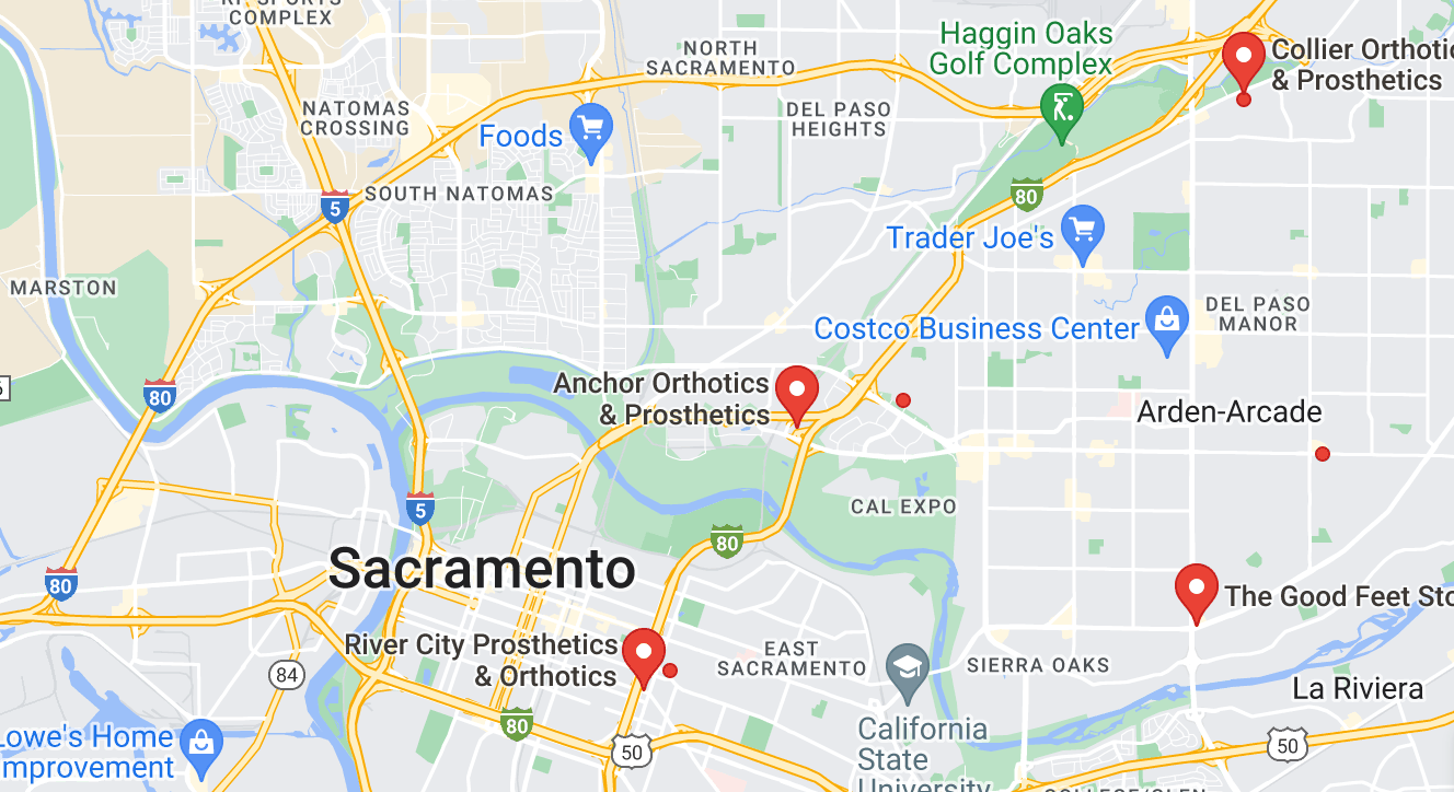 Map of custom orthotics providers in Sacramento, CA