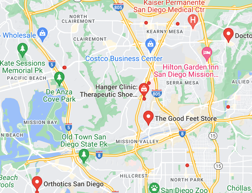 Map of custom orthotics providers in San Diego, CA