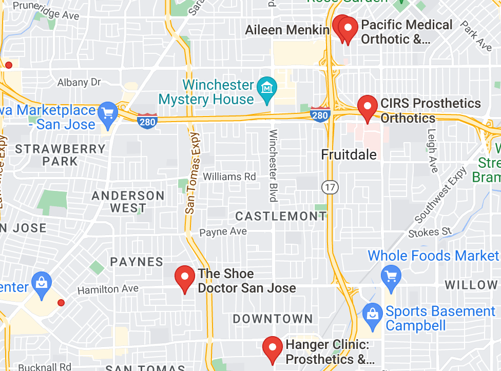 Map of custom orthotics providers in San Jose, CA