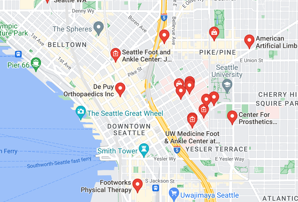 Map of custom orthotics providers in Seattle, WA