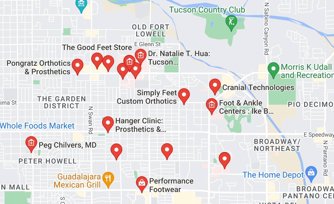 Map of custom orthotics providers in Tucson, AZ