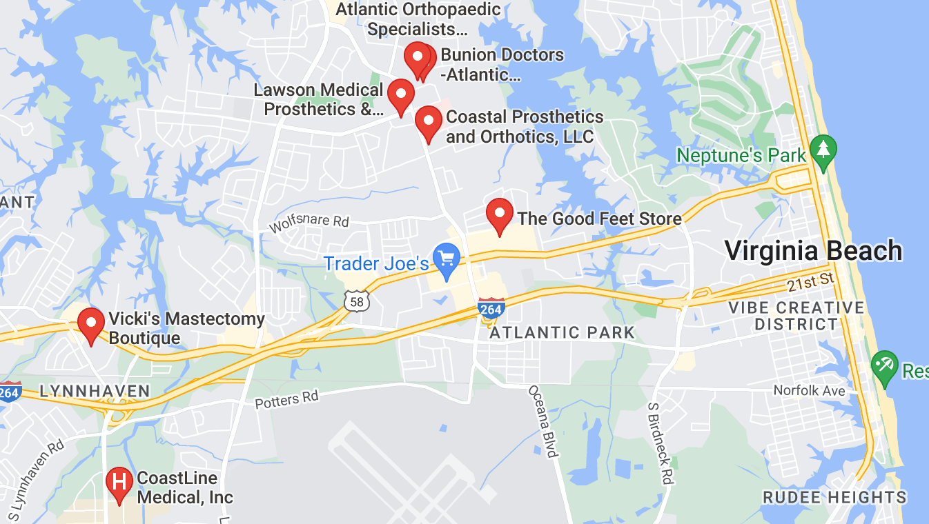 Map of custom orthotics providers in Virginia Beach, VA