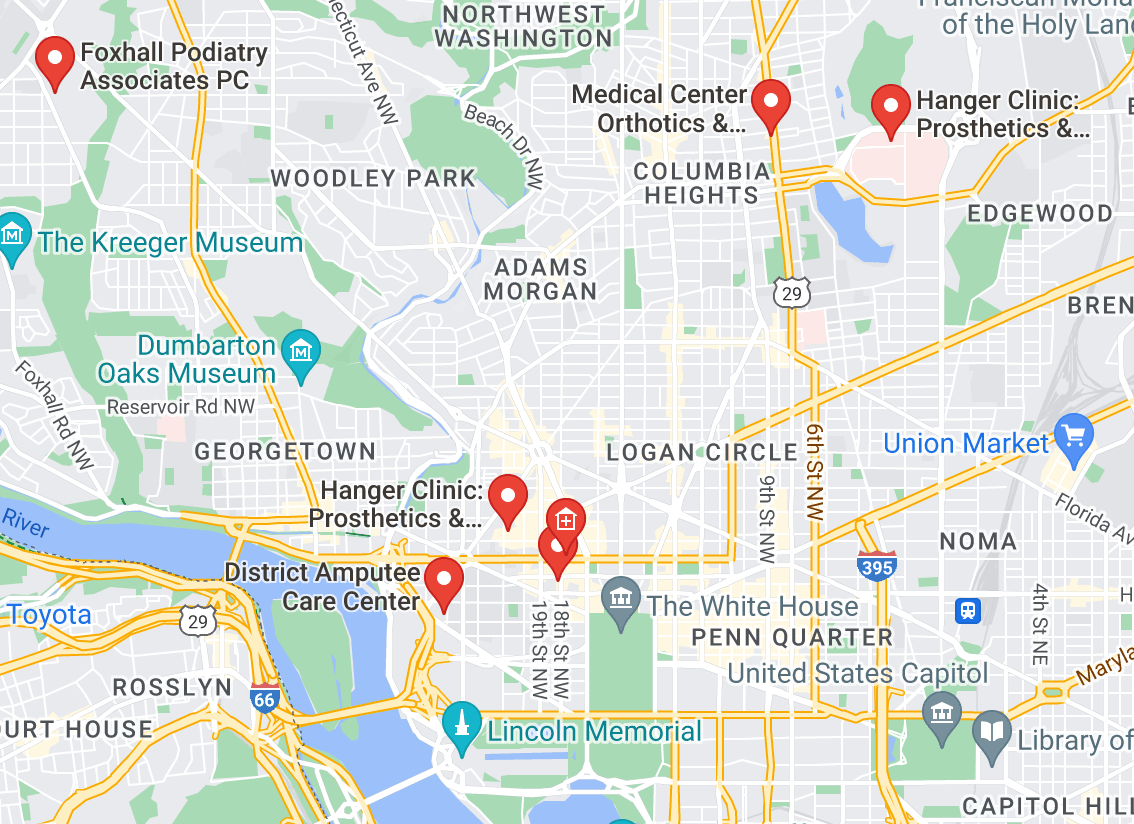 Map of custom orthotics providers in Washington, DC