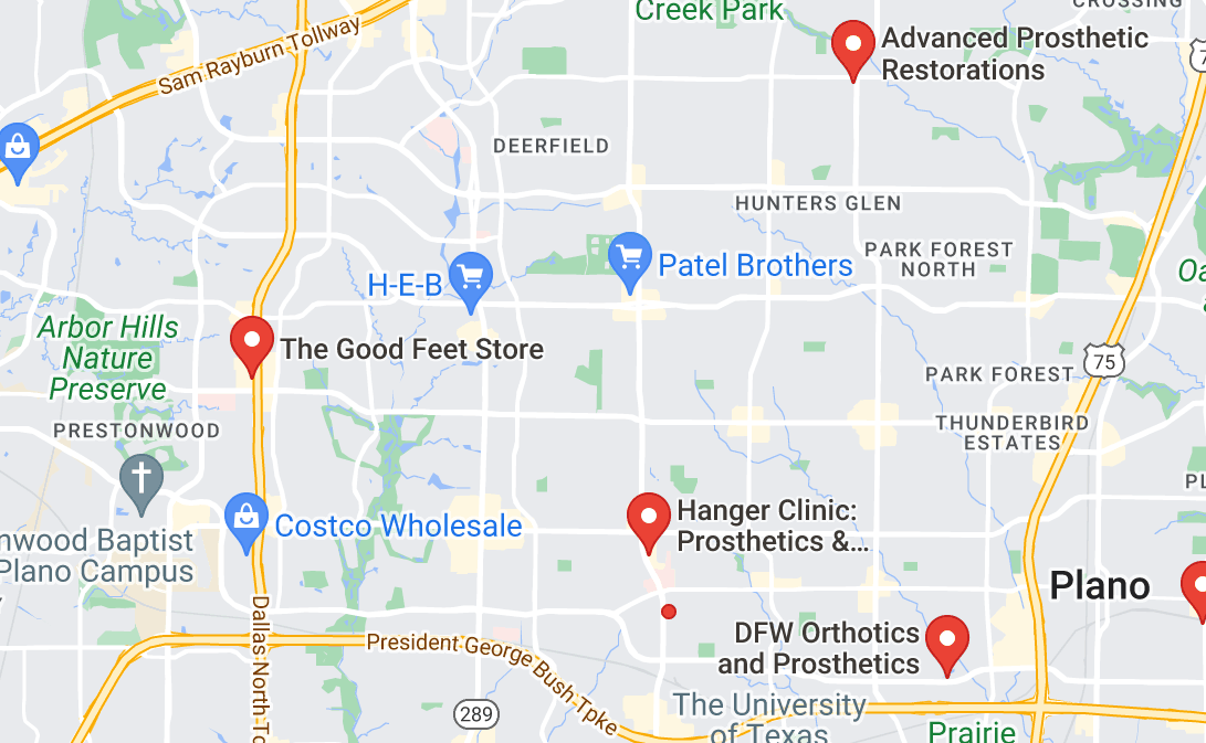 Map of custom orthotics providers in Plano, TX