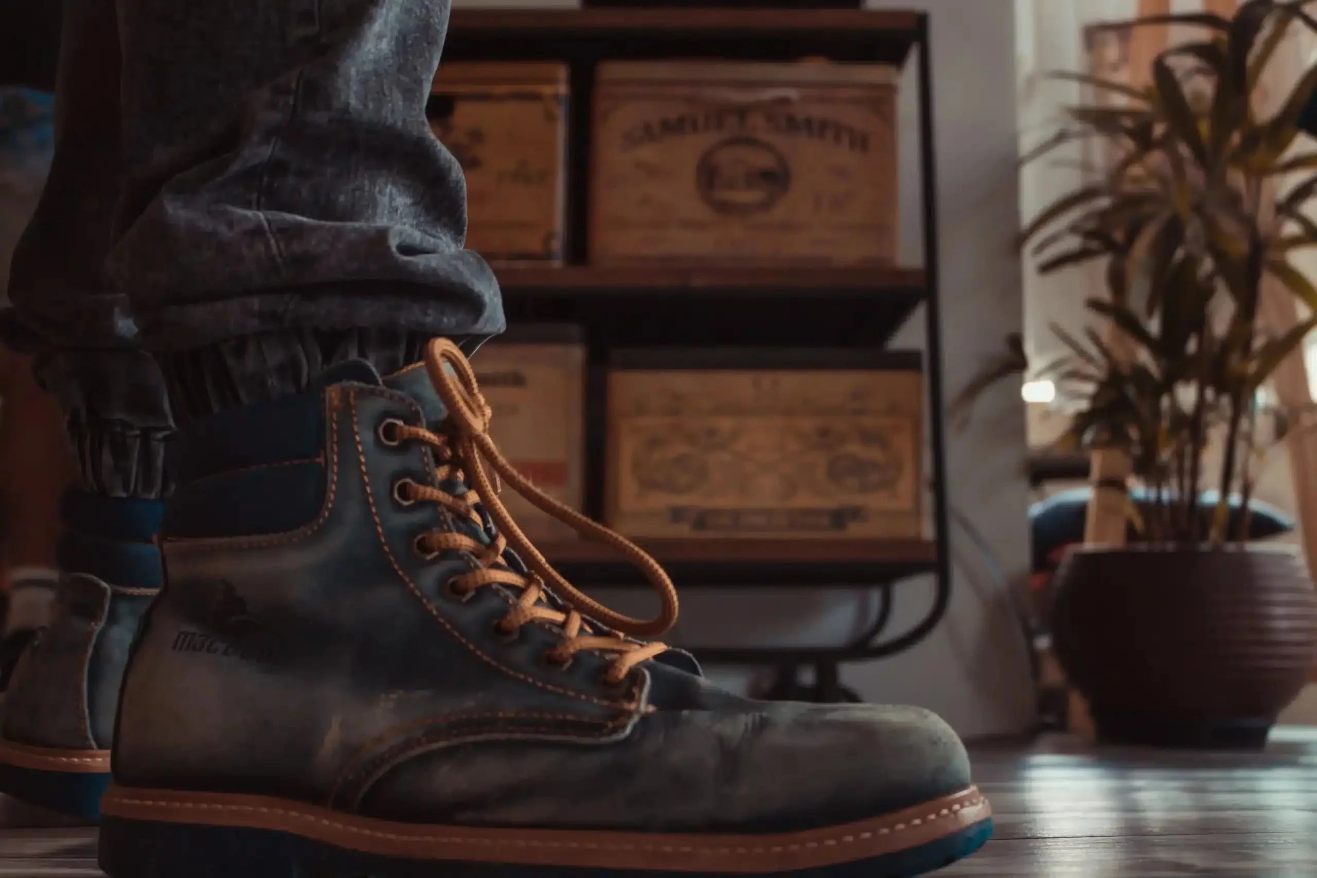 A man standing in work boots with insoles for work boots.