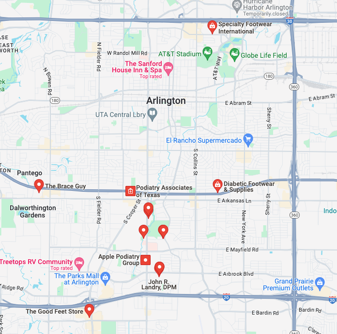 map of custom orthotics near me in Arlington, TX.