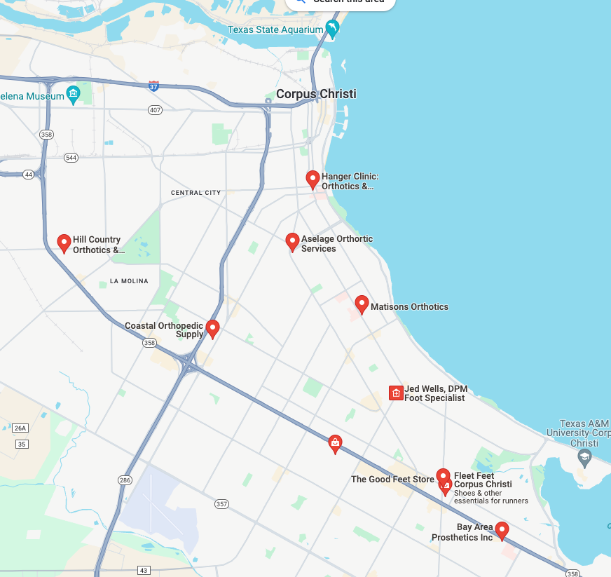 Map of Orthotics Near Me In Corpus Christi, Tx.