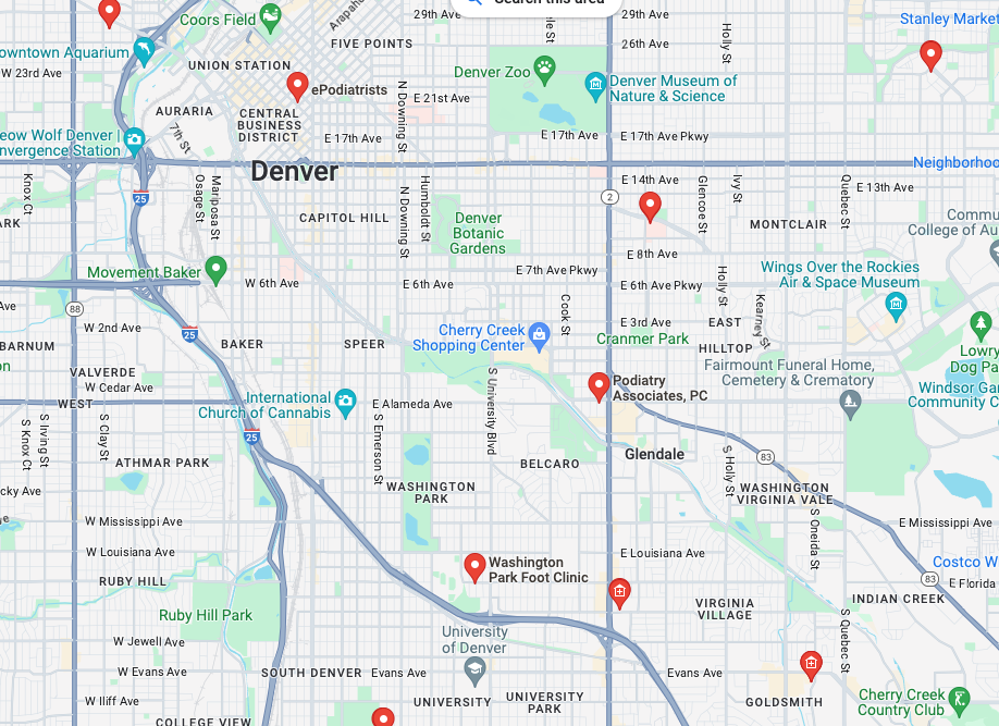 Map Of Orthotics Near Me In Denver, CO.