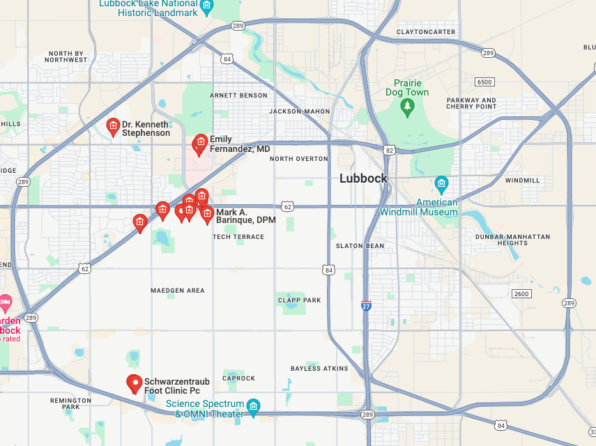 Map of Orthotics Near Me In Lubbock, Tx.