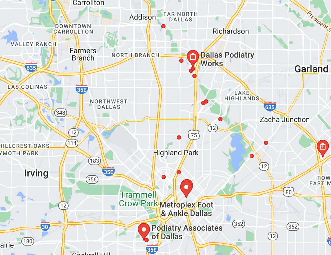 Map of Podiatrist Near Dallas Texas
