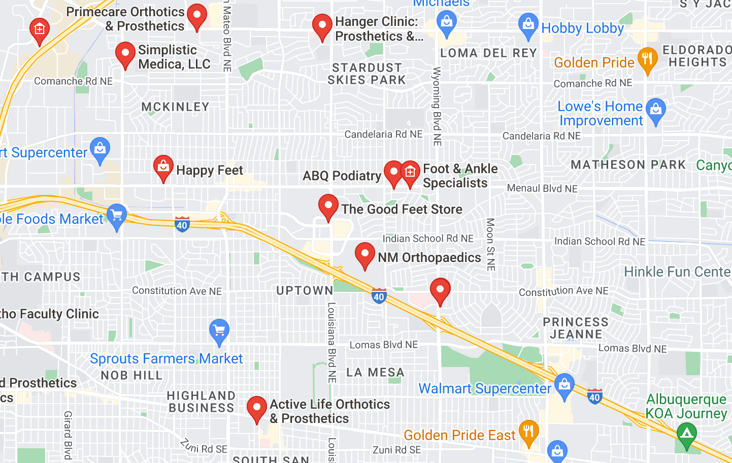 A map of Orthotics Near Me In Albuquerque, NM locations