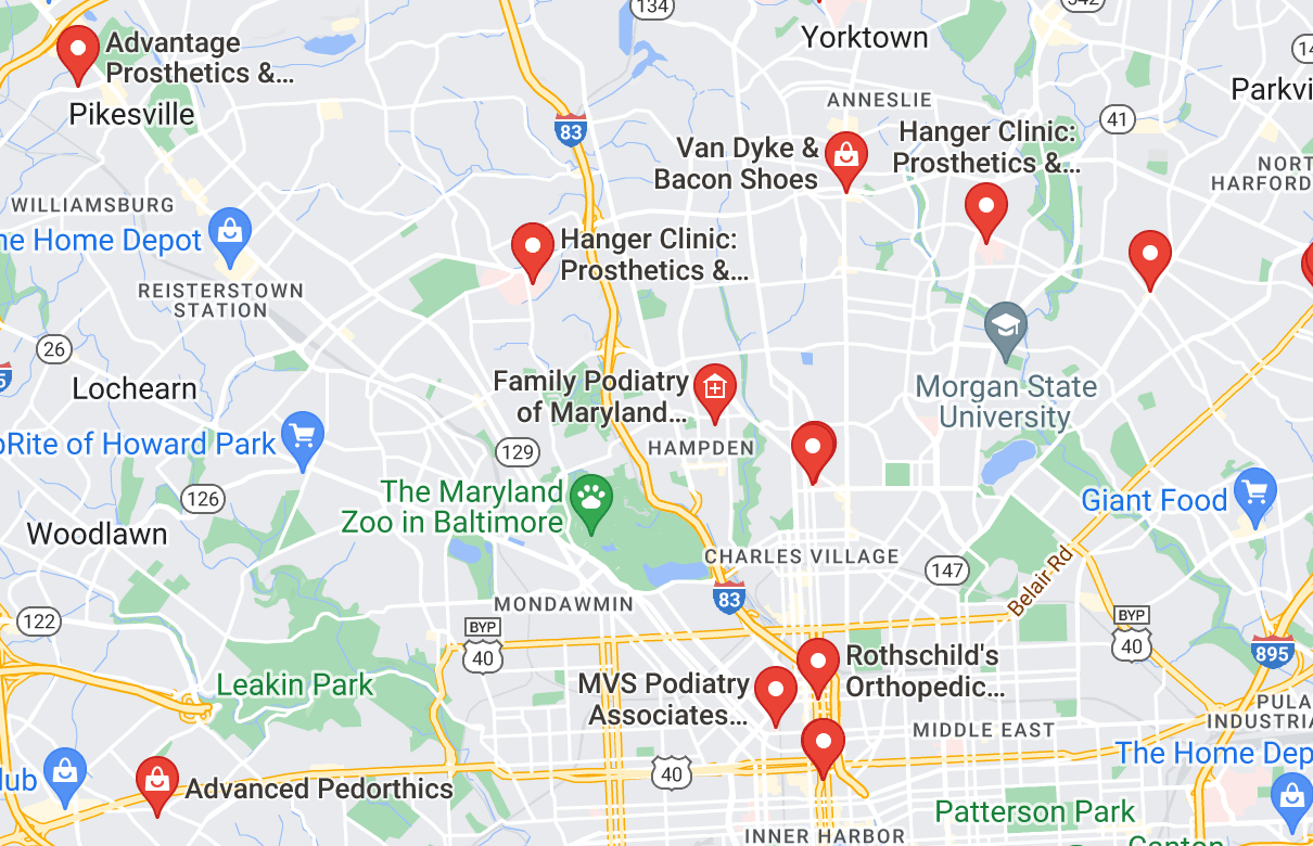 A map of Orthotics Near Me In Baltimore, MD locations