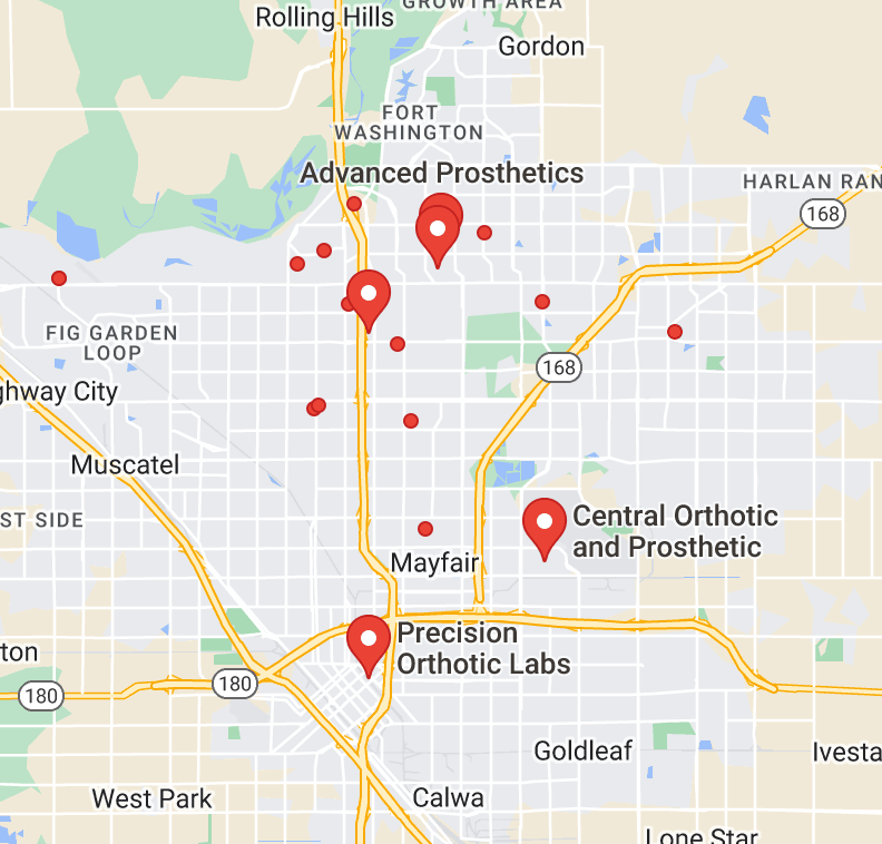 a map of Orthotics Near Me In Fresno, CA locations