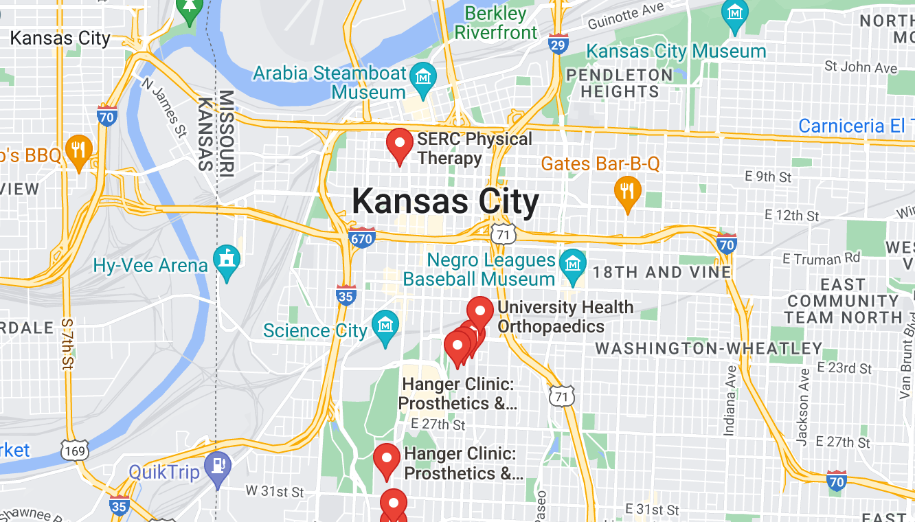 a map of Orthotics Near Me In Kansas City, MO locations