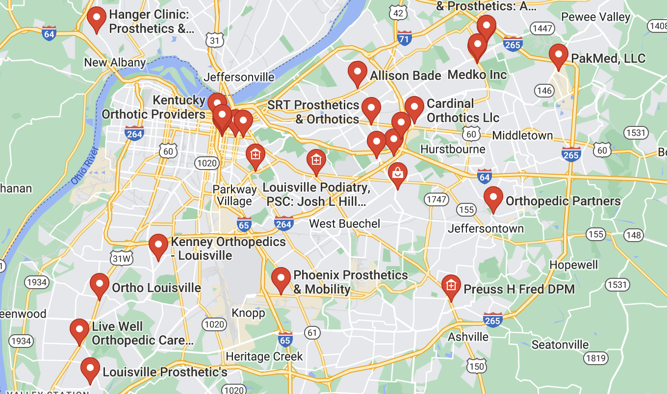 A map of Orthotics Near Me In Louisville, KY locations